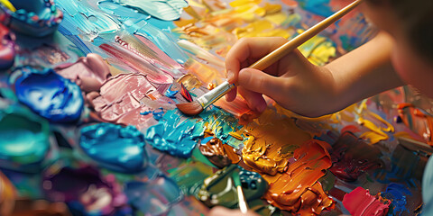 Obraz premium A young artist carefully mixes their acrylic paints, creating a vibrant palette for their next masterpiece