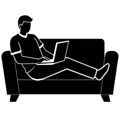 A Working on the laptop sitting on the sofa, relax position, comport and calm, black color vector silhouette