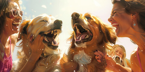 A group of friends laugh and cheer as they play a game of fetch with their beloved canine companions