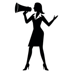 A business woman standing with megaphone for loudly speaking for advertisement vector silhouette, white background