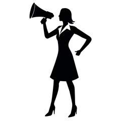 A business woman standing with megaphone for loudly speaking for advertisement vector silhouette, white background