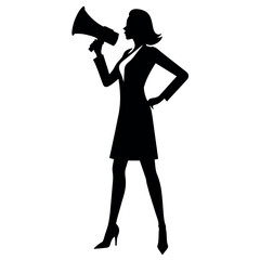 Fototapeta premium A business woman standing with megaphone for loudly speaking for advertisement vector silhouette, white background