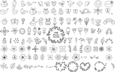 Flower leaf animal big set, doodle hand drawn outline style, for printing,card, wedding,love, t shirt,banner,product.vector illustration