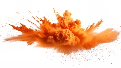 An orange explosion smoke of holi paint color powder isolated on transparent or white background. Abstract 3d explosion wallpaper