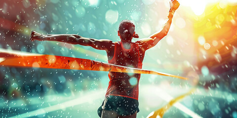 A determined runner crosses the finish line, arms raised in triumph as they celebrate their personal best