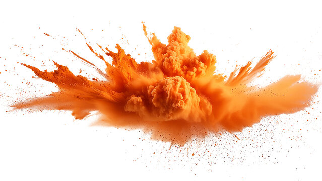 An orange explosion smoke of holi paint color powder isolated on transparent or white background. Abstract 3d explosion wallpaper