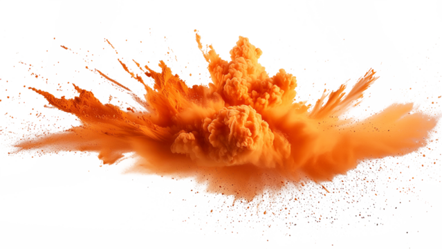 An orange explosion smoke of holi paint color powder isolated on transparent or white background. Abstract 3d explosion wallpaper