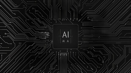 Vector black background with circuit board pattern and "AI" logo on chip, tech vector illustration. "AI" technology concept for web banner design or presentation