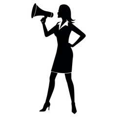 A business woman standing with megaphone for loudly speaking for advertisement vector silhouette, white background