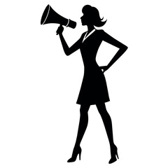 A business woman standing with megaphone for loudly speaking for advertisement vector silhouette, white background
