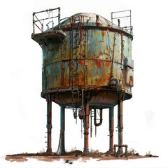 Rusty old dilapidated industrial water tower with visible rust and peeling paint 2D Game Art isolated on white background