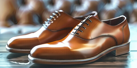 A pair of brown leather shoes is carefully polished, ready for their owner to step out and explore the world - Powered by Adobe