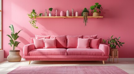 Cozy living room with a pink accent wall, a plush pink sofa, and wooden shelves with pink decorative items