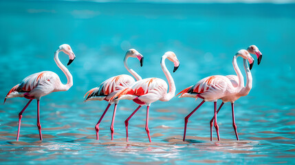 Beautiful flamingos with pink feathers stand in the blue water of the lake ,generative ai
