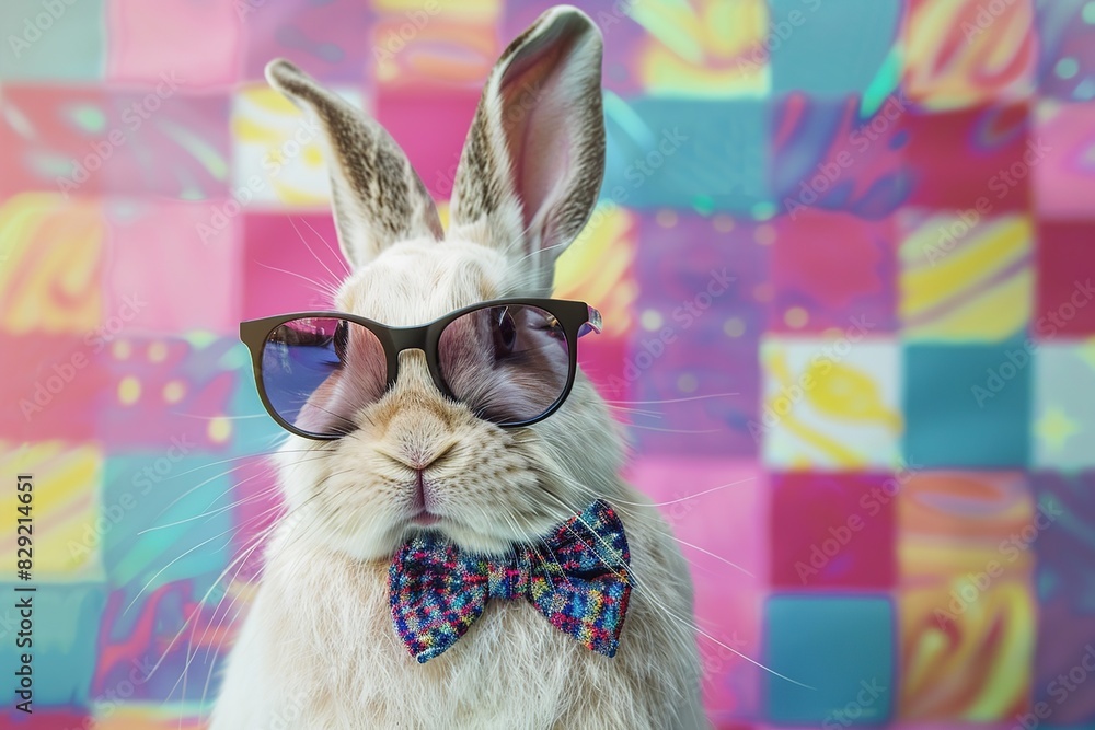 Wall mural Easter bunny with bow tie and sunglasses on abstract colorful background - Wall murals