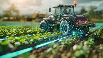 A tractor is driving through a field of green plants