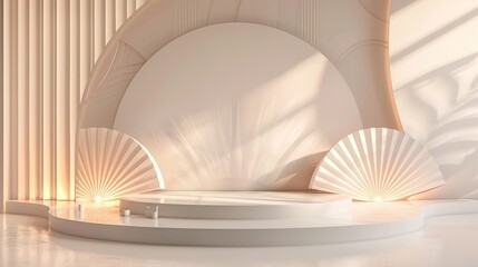 Elegant Fan Pattern Background with White Circular Stage for Exhibition Concept Design