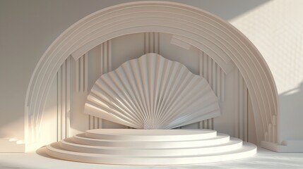 Elegant Fan Pattern Background with White Circular Stage for Exhibition Concept Design