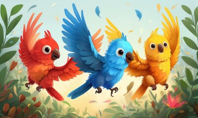 Colorful Birds on a Branch - Whimsical Nature Illustration

