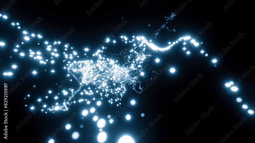 Poster tiny shimmering bokeh particles moving fast on a black backdrop. design. neon round shaped dots.