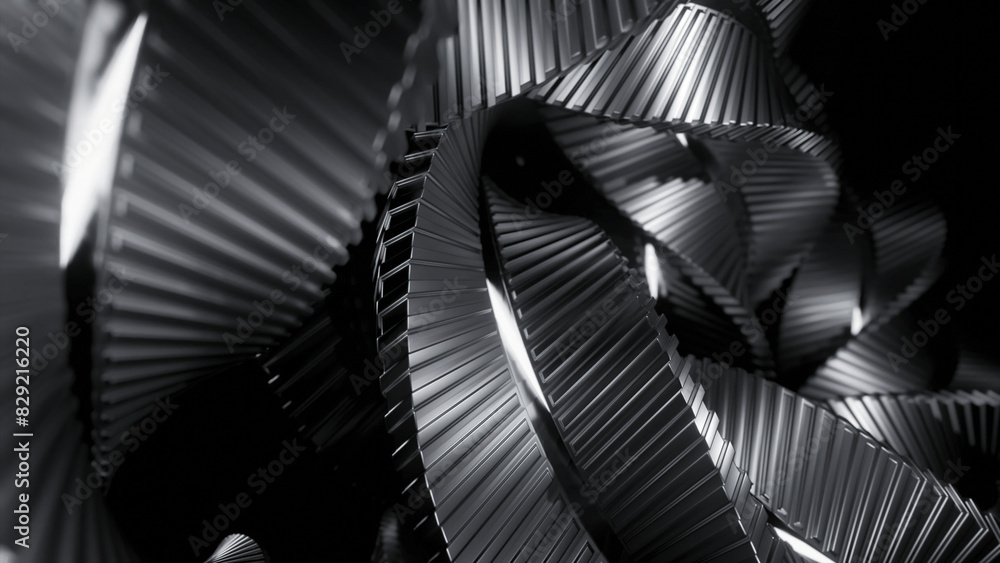 Poster animation of moving metal lines in twisted spiral. design. 3d spiral randomly twisting from metal li