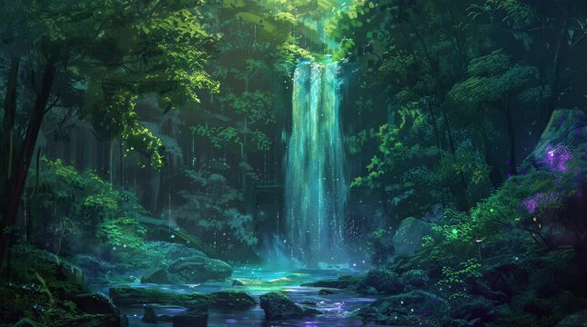 Majestic tall waterfall cascading through lush green forest, creating serene natural beauty.
 Seamless looping 4k time-lapse virtual video animation background. Generated AI