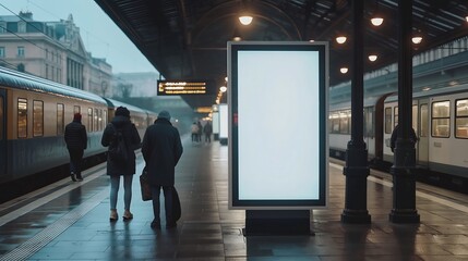 
Mock up. Vertical advertising billboard, lightbox with empty digital screen on railway station. Blank white poster advertising, public information board stands at station in front of people and train