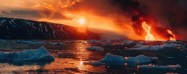 Dramatic sunset over icy landscape with visible flames and smoke, creating a striking contrast between fire and ice under a vibrant sky.