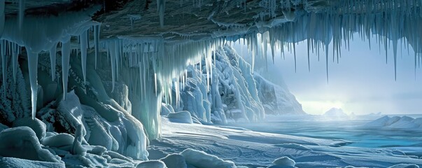 Icy cavern with stalactites and a serene frozen landscape, illuminated by sunlight in the distance, evoking a sense of natural tranquility.