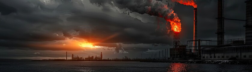 Smoke rising from an industrial factory chimney at sunset, illustrating pollution and environmental impact under dramatic skies.