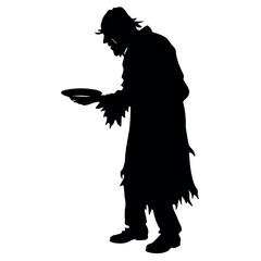 A street beggar begging on the road to the other people vector silhouette, a street beggar