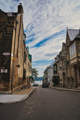 View from Rue des Grisons down to the St. Lawrence river in the upper town area in Quebec city, the capital of Quebec province,Canada