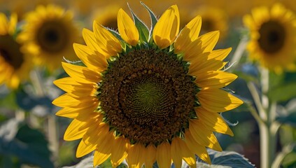 Fototapeta premium Closeup shot of a sunflower head with the field of many on the surface
