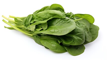 A leafy green spinach bunch on a pristine white surface.