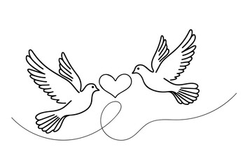 Obraz premium Continuous one black line hand drawing of a pigeon flying with heart love doodle outline vector on white background.