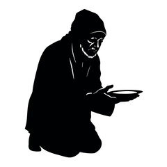 A street beggar begging on the road to the other people vector silhouette, a street beggar