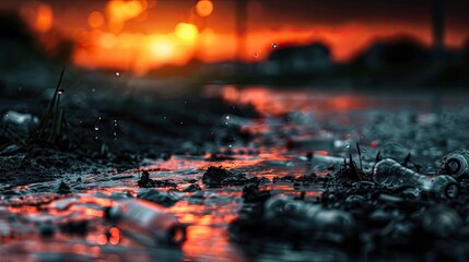 Dramatic sunset over polluted roadside with discarded cans and bottles, reflecting light in the water puddles, highlighting environmental issues.