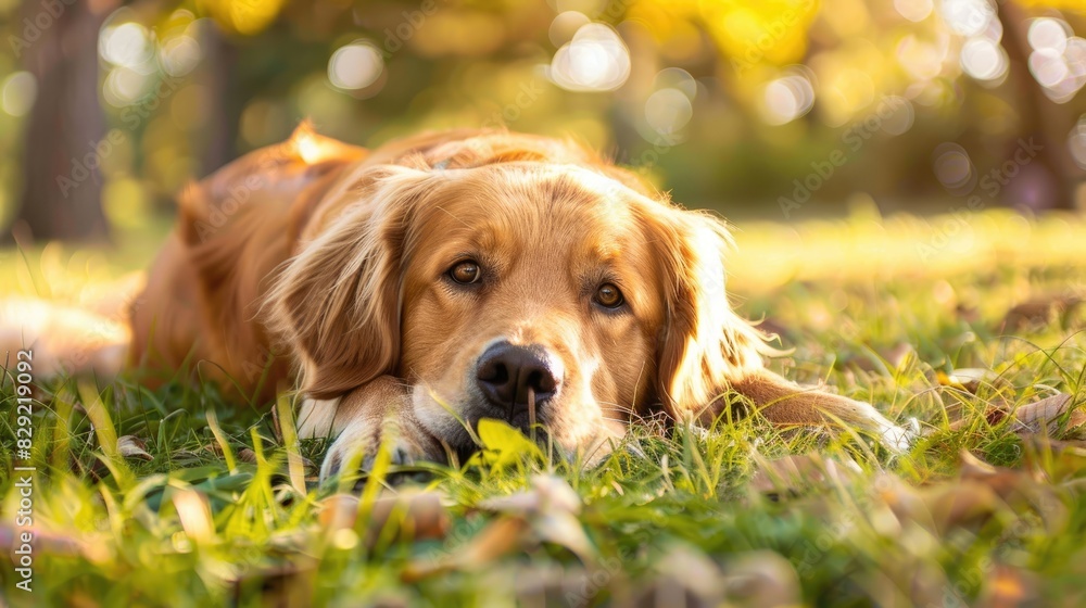 Poster Purebred golden retriever resting on grass or in a park