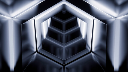 Abstract monochrome hexagon shapes creating effect of a tunnel. Design. Flying through neon frames.