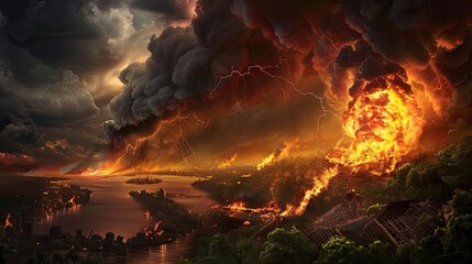 Dramatic apocalyptic scene with fiery eruption, smoke, and chaos engulfing a once peaceful landscape. End of the world imagery.