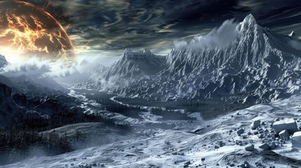 A stunning winter landscape with snow-covered mountains, a dark sky, and a large red planet in the background.