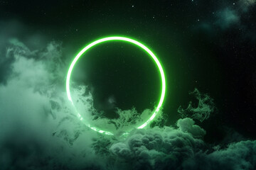 Dark night sky with an abstract cloud illuminated by an electric lime green neon ring.
