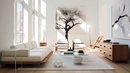 A stylishly designed interior space featuring contemporary furniture against a clean white backdrop.