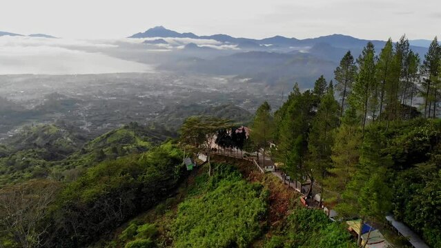 Aerial video of a foggy morning view in Pantan Terong, Takengon, Aceh