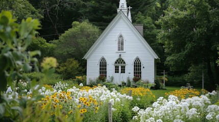A small white church with a cross on top sits in a lush green garden