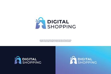 Digital shopping logo design. Shopping bag combine with arrow and pixel element