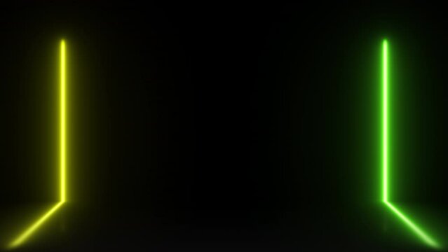 Intro sequence animation: a vertical neon bar, pulsing with energy, duplicating (yellow and green), mirroring in a 3D reflection, forming a portal that beckons the audience to venture beyond.