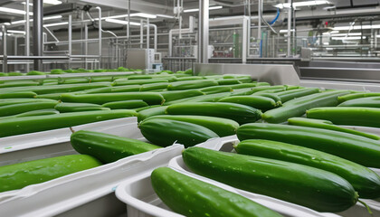 Cucumbers in a food processing facility, clean and fresh, ready for automated packaging. Concept for a healthy food company with automated manufacturing of food and fruits. Generative AI 
