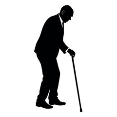 A Old Grandpa Stand with cane vector silhouette, Old man walking with cane vector silhouette