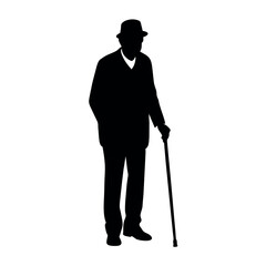 A Old Grandpa Stand with cane vector silhouette, Old man walking with cane vector silhouette